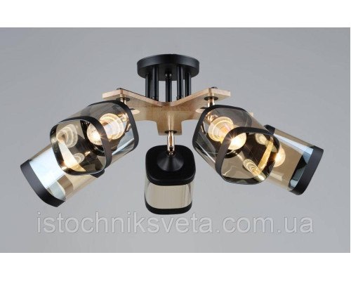 Потолочная люстра на пять поворотных плафона, светильник SR-N5098-5 BK+WOOD